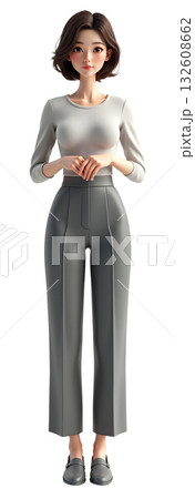 グレーのパンツスタイルの女性のイメージ画像 全身正面 透過素材のイラスト 132608662