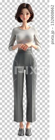 身穿灰色褲裝的女性形象。全身正面照。透明插圖。 身穿灰色褲裝的女性形象。全身正面照。透明插圖。 132608662