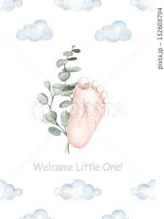 Watercolor baby shower invitation for a baby boy or girl with footprint, eucalyptus branches, and clouds. Gentle newborn template for welcome or birth party, conformation, christening. Watercolor baby shower invitation for a baby boy or girl with footprint, eucalyptus branches, and clouds. Gentle newborn template for welcome or birth party, conformation, christening. 132608704