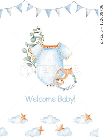 Watercolor baby shower, conformation or christening invitation for a baby boy with blue bodysuit, teething ring with fish, and eucalyptus greenery in blue bunting, and clouds with stars border 132608706