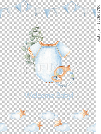 Watercolor baby shower, conformation or christening invitation for a baby boy with blue bodysuit, teething ring with fish, and eucalyptus greenery in blue bunting, and clouds with stars border 132608706