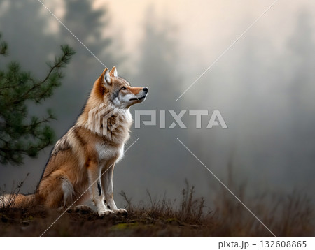 Close wolf stands in the nature. AI Generated. 132608865