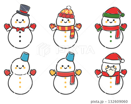かわいい雪だるまセット ベクター かわいい雪だるまセット ベクター 132609060
