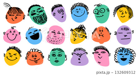 Face doodle emoji set with cartoon expressions in bright colors. Doodle happy faces with smiles in crayon pencil style. Great for stickers, posters, fun design Face doodle emoji set with cartoon expressions in bright colors. Doodle happy faces with smiles in crayon pencil style. Great for stickers, posters, fun design 132609312