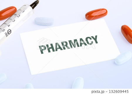 Pills and a syringe surround a card with the word Pharmacy on it. Medicines and a health center create a conceptual environment Pills and a syringe surround a card with the word Pharmacy on it. Medicines and a health center create a conceptual environment 132609445