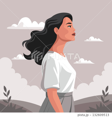 Beautiful woman looking up at the sky. Empowered woman looking towards the future. Illustration. Beautiful woman looking up at the sky. Empowered woman looking towards the future. Illustration. 132609513
