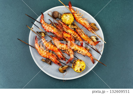 Shrimp kebab, skewers with grilled langoustines. Shrimp kebab, skewers with grilled langoustines. 132609551