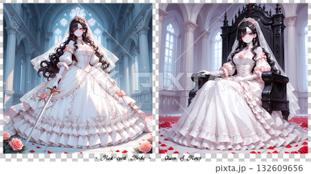 玫瑰新娘。身著婚紗、擁有紅色眼眸的迷人美人。一套兩張日式漫畫風格的AI插畫。 132609656