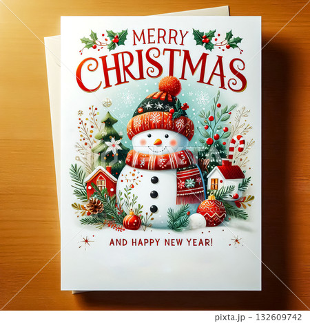Christmas card with greetings for Christmas and New Year with the image of Santa Claus, snowmen, Christmas tree and other Christmas decorations. Blank for the celebration of Christmas and New Year. 132609742