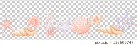 Seamless border with watercolor coral, floral seaweed, starfish, hand drawn sea ornament on isolated background. Seamless border with watercolor coral, floral seaweed, starfish, hand drawn sea ornament on isolated background. 132609747