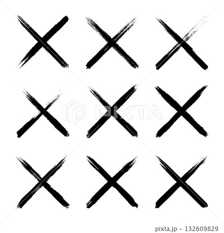 Grunge crosses, brush strokes, x mark, lines, ink smudges, hand-drawn scribble shapes. Handmade sketchy marks, acrylic stains, charcoal streaks. Paint textures, dry brush effect. Vector illustration 132609829