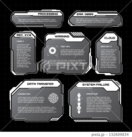 White futuristic HUD, UI elements. Sci-fi user interface text boxes, callouts. Warning message frames, information boxes template. Modern game interface layout in digital style. Vector illustration 132609834