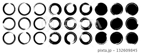 Grunge circles, brush strokes, lines, ink smudges, hand-drawn scribble shapes. Handmade sketchy marks, acrylic stains, charcoal streaks. Paint textures, dry brush effect. Vector illustration 132609845