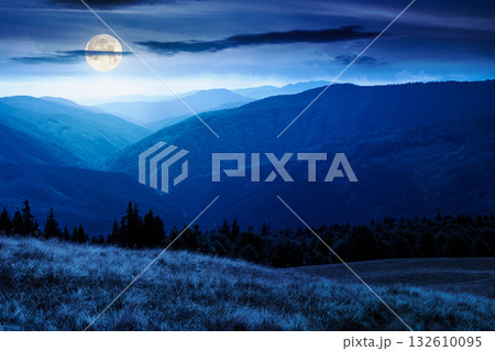 lush alpine meadow in summer at night. green carpathian mountain landscape under dark sky. beautiful open view in to the distant valley. majestic countryside. outdoor adventures in full moon light 132610095
