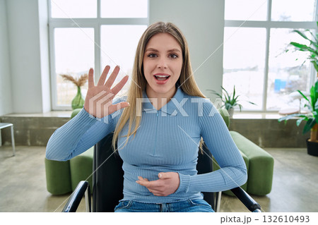 Web cam view of young woman talking looking in camera, online meeting, video call Web cam view of young woman talking looking in camera, online meeting, video call 132610493