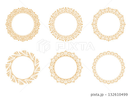 Set of decorative frames Elegant vector element for design in Eastern style, place for text. Floral golden and white borders. Lace illustration for invitations and greeting cards 132610499