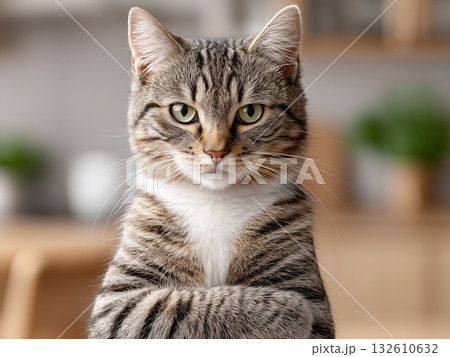 腕を組んでこちらを見つめるキジトラ猫 132610632