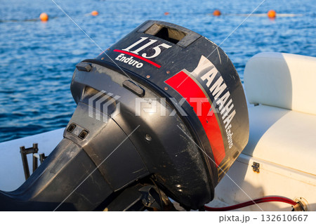 Egypt, Sharm el-Sheikh - September 24, 2025 Yamaha engine on a boat near the pontoon. Editorial Egypt, Sharm el-Sheikh - September 24, 2025 Yamaha engine on a boat near the pontoon. Editorial 132610667