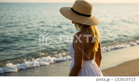 Woman in a straw hat and white dress walking along the sea shore at sunset, enjoying a peaceful summer vacation. 132610713