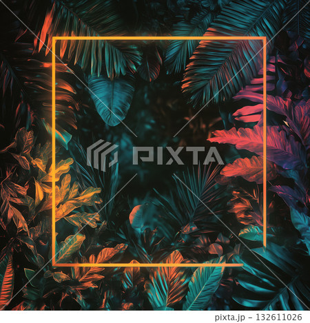 Vintage and nature theme background on square template with glowing frame and copy space for text in orange color tone. 132611026