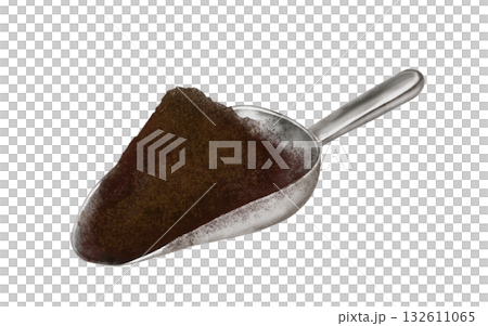 Cocoa powder watercolor. Hand-drawn chocolate powder on a scoop. Food clip art. Perfect for a chocolate factory or dessert book. High quality illustration 132611065