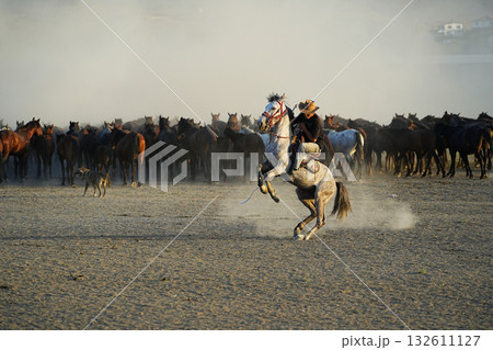 馬群を追う牧童 132611127