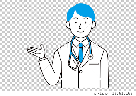 A simple illustration of a young male doctor guiding 132611165