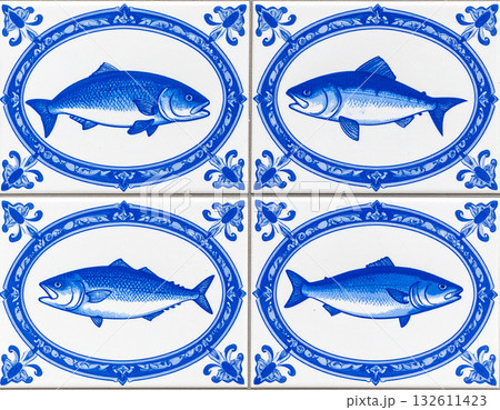 Seamless pattern. Texture of ceramic tile with pattern of fish in blue tones. Design mockup for bathroom interior. Decoration background. 132611423