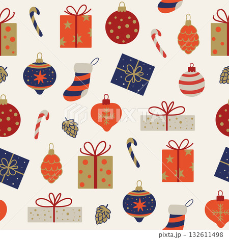 Seamless pattern with gifts and Christmas decorations. Seamless pattern with gifts and Christmas decorations. 132611498