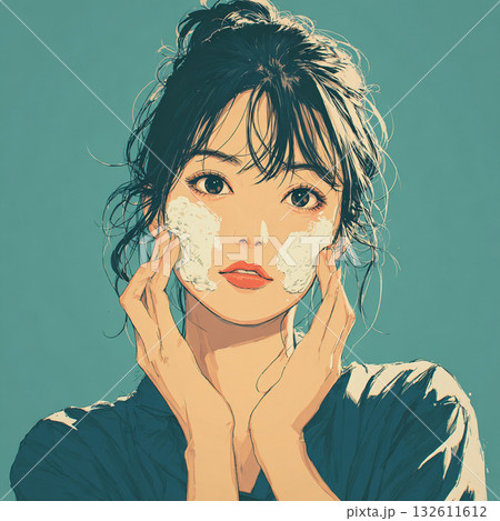 泡洗顔をする女性のイラスト（スキンケア・美容） 132611612
