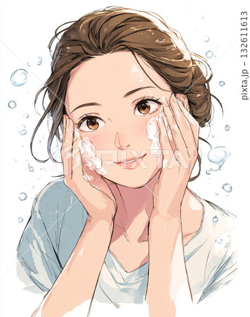 泡洗顔をする女性のイラスト（スキンケア・美容） 132611613