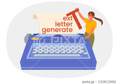 Woman journalist or copywriter stands near huge old typewriter with slogan text letter generate 132611692