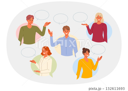 People are happy to communicate and share information while standing under conversation clouds People are happy to communicate and share information while standing under conversation clouds 132611693