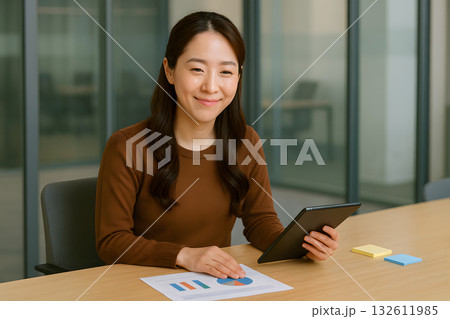 納得の笑顔を浮かべる日本人女性マーケ・広報担当 132611985