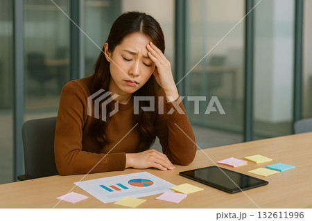疲れをにじませる日本人女性マーケ・広報担当の姿 132611996
