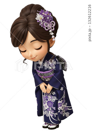 紫の振袖を着てお辞儀をする髪飾りの3Dちびキャラの女性 紫の振袖を着てお辞儀をする髪飾りの3Dちびキャラの女性 132612216