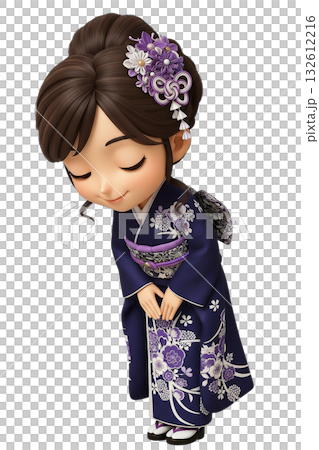 紫の振袖を着てお辞儀をする髪飾りの3Dちびキャラの女性 紫の振袖を着てお辞儀をする髪飾りの3Dちびキャラの女性 132612216
