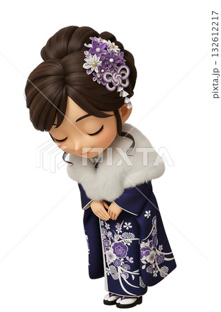 ファーショールを羽織りお辞儀をする振袖姿の3Dちびキャラ女性 ファーショールを羽織りお辞儀をする振袖姿の3Dちびキャラ女性 132612217