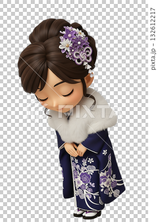 ファーショールを羽織りお辞儀をする振袖姿の3Dちびキャラ女性 ファーショールを羽織りお辞儀をする振袖姿の3Dちびキャラ女性 132612217
