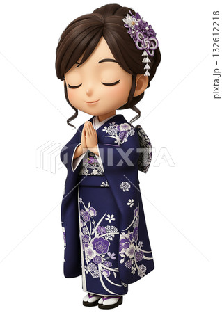 紫の振袖で合掌するお参りポーズの3Dちびキャラの女性 132612218