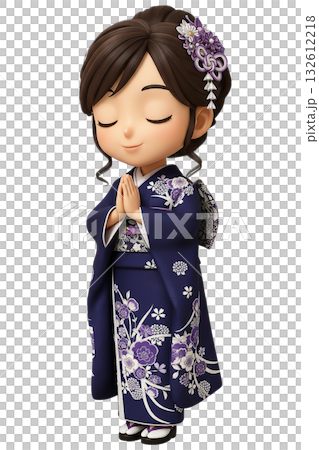 紫の振袖で合掌するお参りポーズの3Dちびキャラの女性 132612218