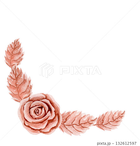 Corner composition with plastic or metal rose head and leaves. Watercolor illustrations isolated on white background for design, cards, postcards 132612597