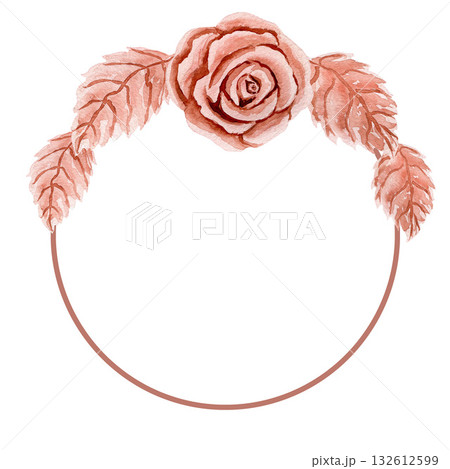 Card with composition of plastic or metal rose head and two leaves and circle. Watercolor illustrations isolated on white background 132612599