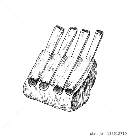 Vector Meat on the ribs. Graphic ink pork or beef illustration, isolated on background. Hand drawn line sketch. For designers, prints, logo, icon, menu, postcards, holiday, covers Vector Meat on the ribs. Graphic ink pork or beef illustration, isolated on background. Hand drawn line sketch. For designers, prints, logo, icon, menu, postcards, holiday, covers 132612719