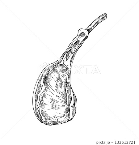 Vector Meat on the ribs. Graphic ink pork or beef illustration, isolated on background. Hand drawn line sketch. For designers, prints, logo, icon, menu, postcards, holiday, covers 132612721