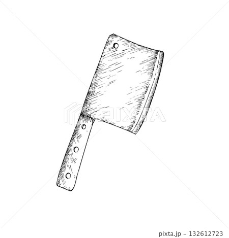 Vector Butcher knife. Graphic ink kitchen tool, Large sharp cleaver illustration, isolated on background. Hand drawn line sketch. For designers, prints, logo, icon, menu, postcards, holiday, covers Vector Butcher knife. Graphic ink kitchen tool, Large sharp cleaver illustration, isolated on background. Hand drawn line sketch. For designers, prints, logo, icon, menu, postcards, holiday, covers 132612723