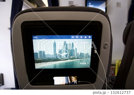 Frankfurt, Germany, June 10, 2019: Inflight Entertainment Screen on Lufthansa Long-Haul Flight to Dubai Frankfurt, Germany, June 10, 2019: Inflight Entertainment Screen on Lufthansa Long-Haul Flight to Dubai 132612737