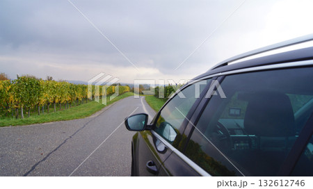 Lindau, Germany, October 16, 2015: Black Station Wagon Driving through Vineyards on Mainau Island 132612746