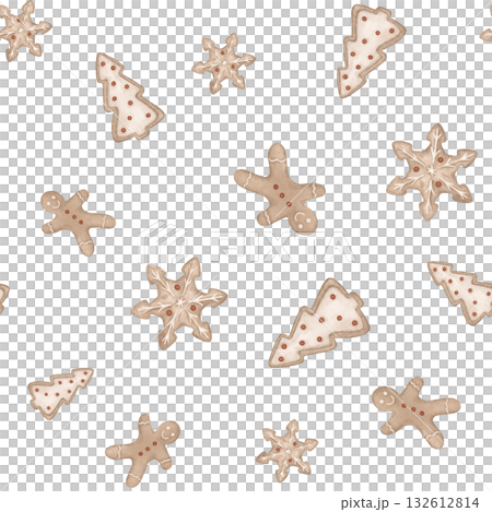 Hand-drawn seamless pattern with Christmas illustration gingerbread man and cookies in the shape of a snowflake and tree. New year repeat print for design textile or wrapping paper with cookies. Hand-drawn seamless pattern with Christmas illustration gingerbread man and cookies in the shape of a snowflake and tree. New year repeat print for design textile or wrapping paper with cookies. 132612814