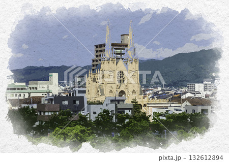 水彩画風　福山市街地　ホーリーザイオンズパークセントヴァレンタイン　広島県福山市 132612894